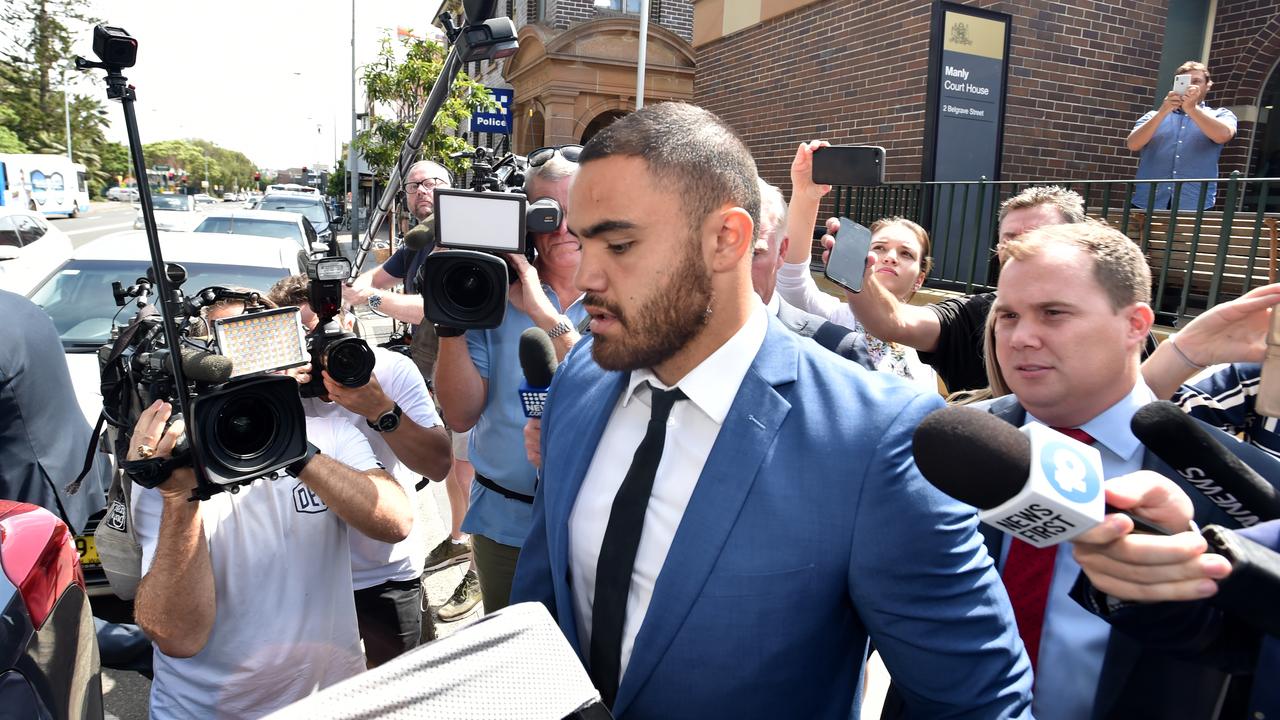 NRL Manly Sea Eagles player Dylan Walker leaves Manly Local Court in Sydney. (AAP Image/Mick Tsikas) 