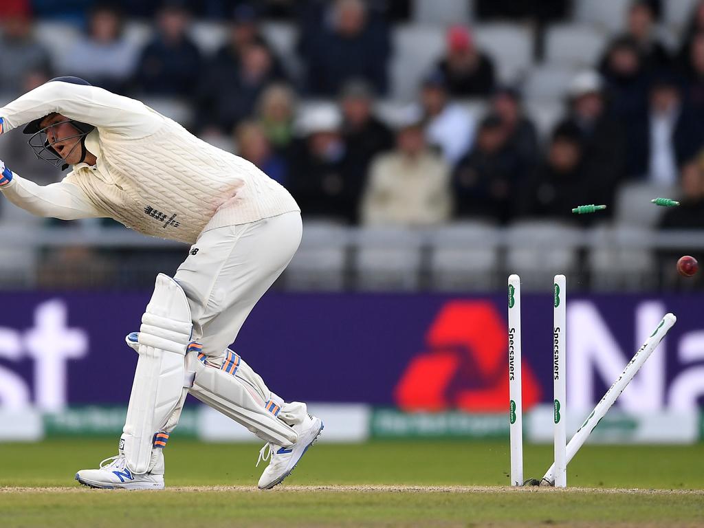 Jason Roy is bowled neck and crop by Josh Hazlewood.