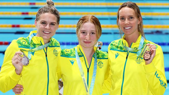 Silver medalist, Shayna Jack of Team Australia, Gold medalist, Mollie O'Callaghan of Team Australia and Bronze medalist, Emma McKeon