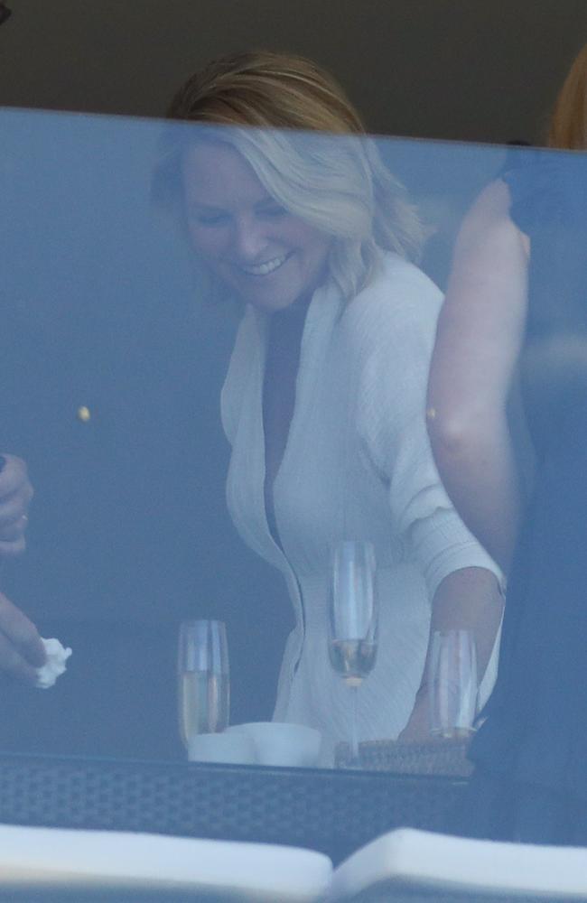 Georgie Gardner and husband Tim Baker are pictured with friends having lunch and drinks yesterday. Picture: KHAPGG / MEGA