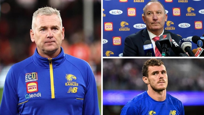 Adam Simpson (left), West Coast chief executive Trevor Nisbett (top right) and retiring captain Luke Shuey. Photos: Getty Images and AAP