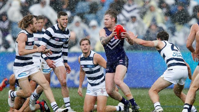 Fremantle forward Cam McCarthy has nowhere to go. Picture: Getty Images