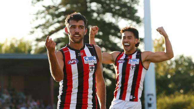 ADELAIDE, AUSTRALIA - APRIL 07: Riley Bonner of the Saints celebrates a goal with Mitch Owens of the Saints during the 2024 AFL Round 04 match between the Richmond Tigers and the St Kilda Saints at Norwood Oval on April 07, 2024 in Adelaide, Australia. (Photo by Sarah Reed/AFL Photos via Getty Images)