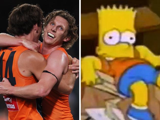 The Giants players celebrate their semifinal win over the Port Adelaide Power.