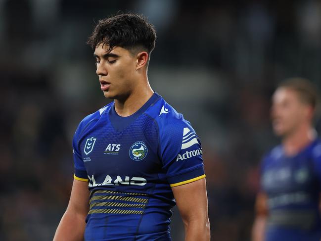 SYDNEY, AUSTRALIA - AUGUST 09: Blaize Talagi of the Eels reacts during the round 23 NRL match between Parramatta Eels and Penrith Panthers at CommBank Stadium, on August 09, 2024, in Sydney, Australia. (Photo by Jeremy Ng/Getty Images)