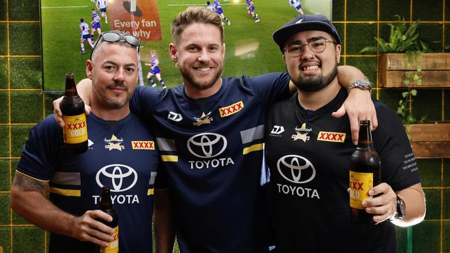 North Queensland Cowboys fans across Cairns are gearing up for Friday night's NRL prelim final against the Parramatta Eels. Cowboys fans Josh Apps, Dan Charnley and Ben Powers are predicting a tight match. Picture: Brendan Radke