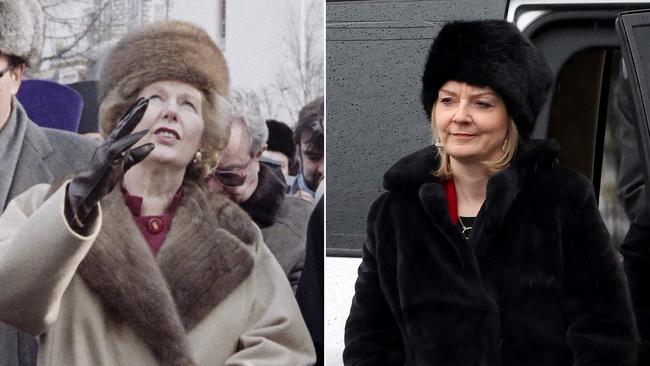 Then British Prime Minister Margaret Thatcher (L) visiting Trinity St Sergius monastery in Zagorsk, northeast of Moscow, in 1987 and Liz Truss arriving to visit the Holodomor Monument at the National Museum of the Holodomor-Genocidein Kyiv in February.