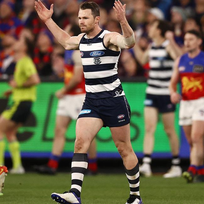 Patrick Dangerfield of the Cats celebrates a first quarter goal in the preliminary final against the Brisbane Lions. Picture: Michael Klein