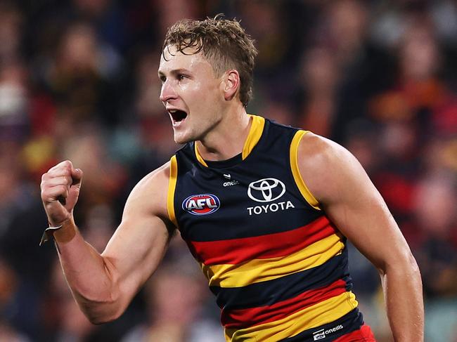 Jordan Dawson tries to lift the Crows. Picture: James Elsby/AFL Photos via Getty Images