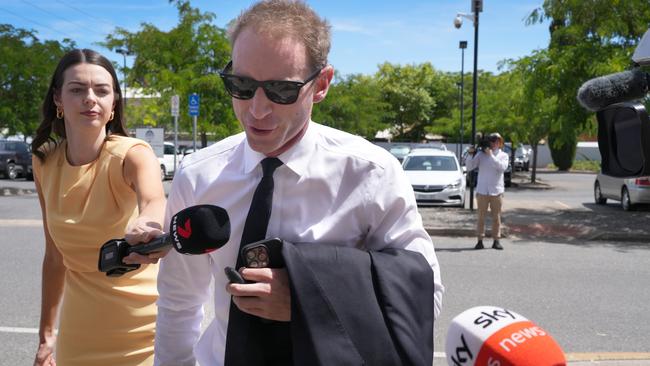 ADELAIDE, AUSTRALIA - NewsWire Photos NOVEMBER 15, 2024: Former South Australian Liberal leader David James Speirs appeared in Christies Beach Magistrates Court on a drug supply charge. The charge follows video footage of Mr Speirs appearing to snort a white powder substance in his kitchen in June. Mr Speirs has claimed the video is a Ãdeep fakeÃ and has indicated he will fight the charges against him. Speirs arriving at court Picture:  NewsWire / Dean Martin