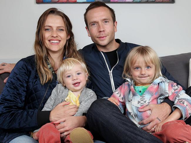 The gang’s all here. Actress Teresa Palmer with her husband Mark Webber and their sons Forest (1) and Bodhi (4). Picture: Ian Currie