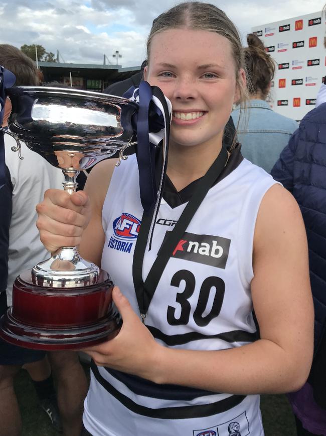 Mikayla Plunkett with the NAB League Girls premiership trophy.