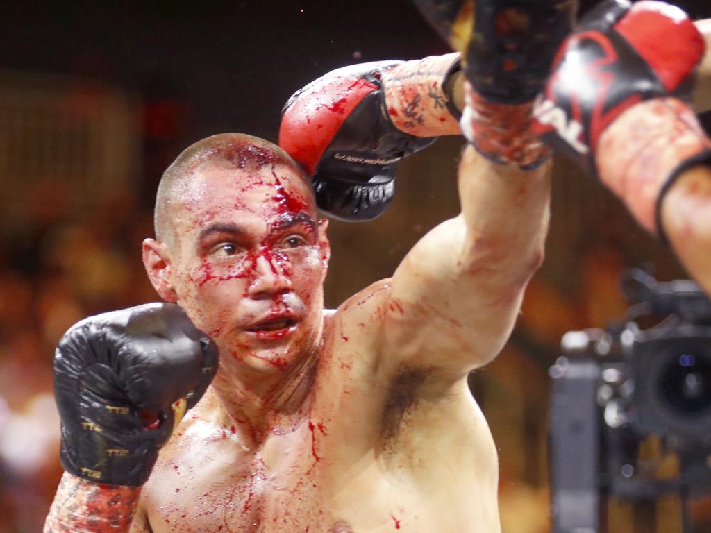 Tim Tszyu battled through the blood pouring off his head against Sebastian Fundora. Picture: Steve Marcus/Getty Images