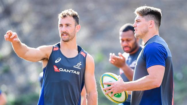 Nick White and James O'Connor during a Wallabies training session in Johannesburg. Picture: Rugby AU Media/Stuart Walmsley