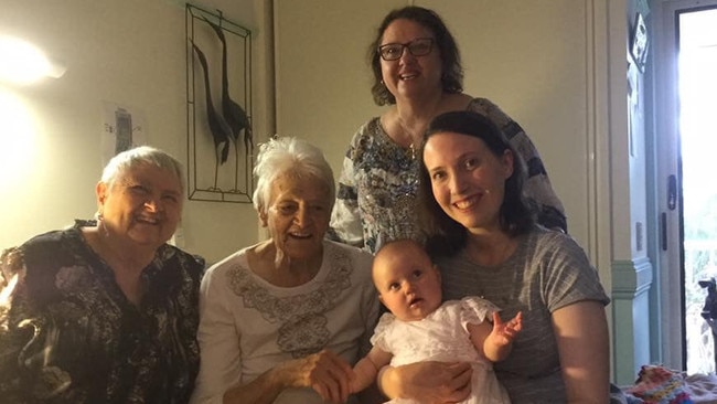 Five generations of Mandandanji women on Country, (left to right), Desley Ball, Gladys Fisher, Lorelle Holland (back), Lily Thomson (front), and Amy Thomson.