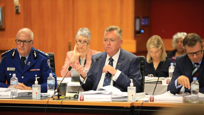 Anthony Roberts Corrections Minister (C) speaking at the Budget Estimates held at the NSW Parliament in Sydney. Picture: NCA NewsWire / Christian Gilles