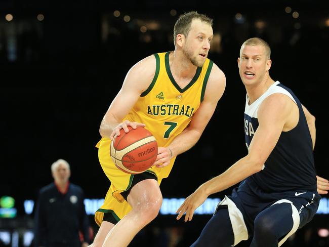 International Basketball Series Australian Boomers V USA Basketball at Marvel Stadium, Saturday August 24, 2019. Joe Ingles of the Boomers in action. Picture: Mark Stewart