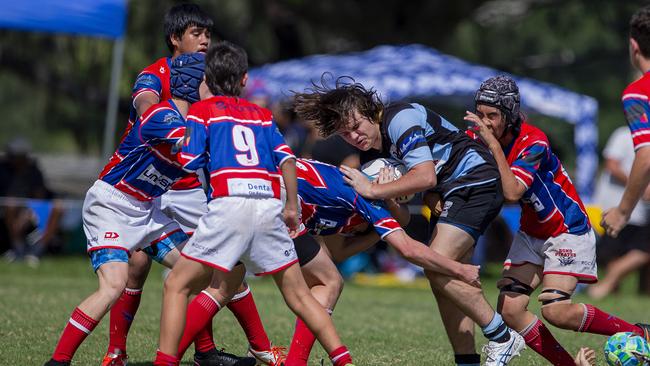 Under-14 and Under-15 finals of the King of the Country rugby union tournament at Gold Coast Eagles Rugby Union Club on Sunday 10 April 2022. Under 14's playing for 3rd place, Bond Pirates (Red) vs Maroochydore Swans. Picture: Jerad Williams