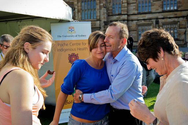 <p>Tony Abbott with his family at Sydney University. Picture: Amos Aikman</p>