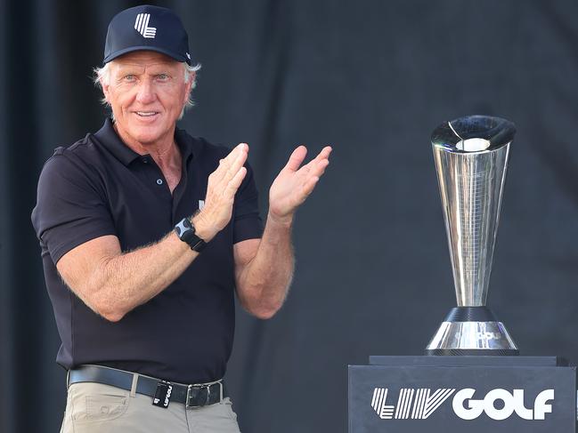 DALLAS, TEXAS - SEPTEMBER 22: Greg Norman of Australia the CEO of The LIVGolf Tour on stage at the presentation ceremony during the individual team stroke-play finals on day three of the LIV Golf Team Championship Dallas at Maridoe Golf Club on September 22, 2024 in Dallas, Texas. (Photo by David Cannon/Getty Images)