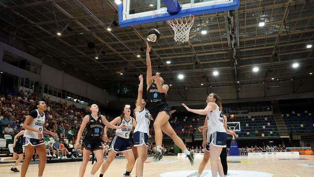 Chantel Horvat lays up during the round 10 WNBL match between Canberra Capitals and Geelong United. Picture: Mark Metcalfe/Getty Images