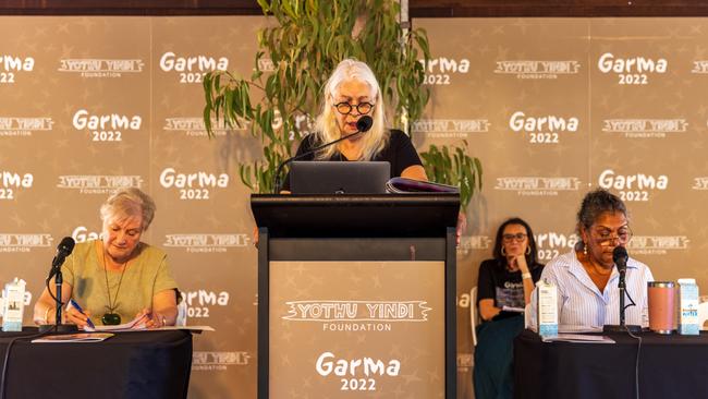 Prof Marcia Langton AO speaks at a key forum during the Garma Festival. Picture: Tamati Smith/ Getty Images