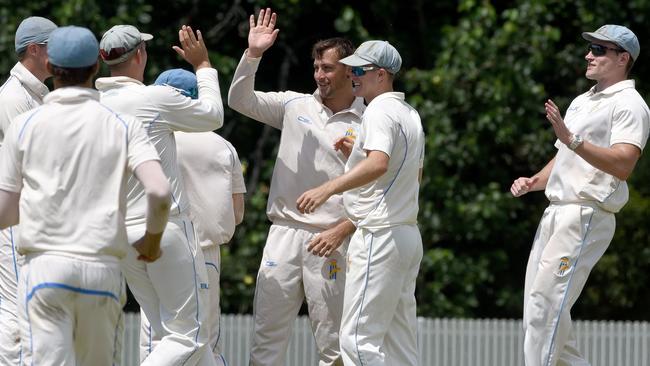 Men's Queensland Premier Cricket - Gold Coast Dolphins vs. Sandgate-Redcliffe. Dolphins bowler Liam Hope-Shackley celebrates a wicket. (Photo/Steve Holland)