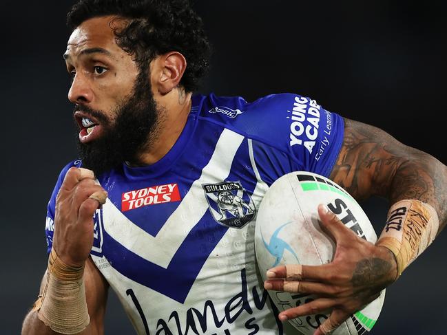 SYDNEY, AUSTRALIA - JUNE 13: Josh Addo-Carr of the Bulldogs makes a break during the round 14 NRL match between the Canterbury Bulldogs and the Parramatta Eels at Accor Stadium, on June 13, 2022, in Sydney, Australia. (Photo by Matt King/Getty Images)