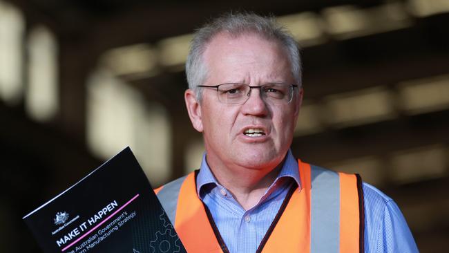 Prime Minister Scott Morrison during his visit Neumann Steel on the Gold Coast. Picture: NCA NewsWire / Sarah Marshall