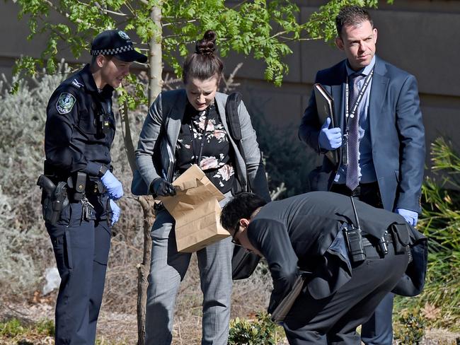 ADELAIDE, AUSTRALIA - AUGUST 29, 2020: Police at the scene at Adelaide High School on West Terrace after a man was left in a critical condition after being assaulted by four men overnight. Picture: Naomi Jellicoe