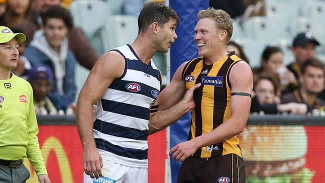 There is always plenty of niggle in Hawthorn-Geelong matches. Picture: Michael Klein