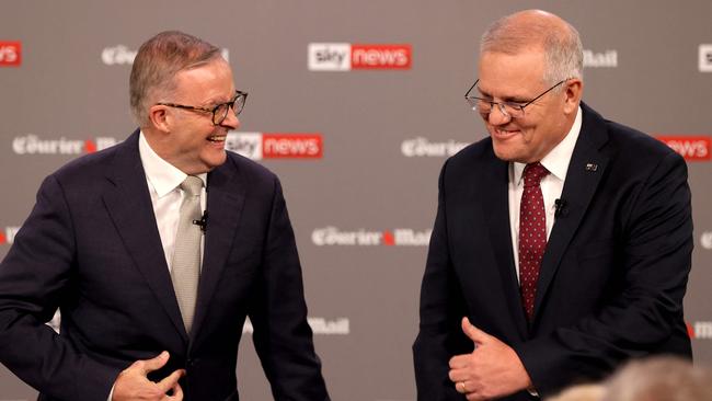 Prime Minister Scott Morrison (right) and Labor leader Anthony Albanese at the first leaders' debate held at the Gabba in Brisbane on April 20. Picture: Toby Zerna/News Corp Australia/AFP