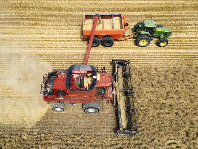 CROPS: Nathan LawlessNathan Lawless on farm at Burramine South.PICTURED: Generic harvest DRONE. Nathan Lawless in the barley.PICTURE: ZOE PHILLIPS