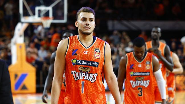 DJ Hogg of the Cairns Taipans looks defeated at full time in the NBL match against the New Zealand Breakers. Picture: Brendan Radke