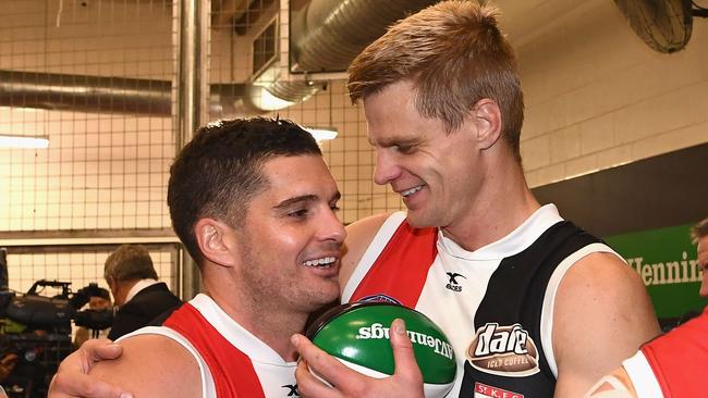 Brotherly Saints Leigh Montagna and Nick Riewoldt futures are cloudy, but both have expressed desire to go on. Picture: Getty Images