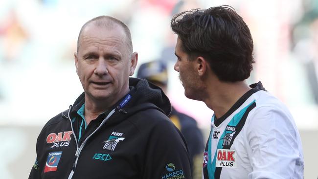 Port coach Ken Hinkley during the Round 22 AFL match against Collingwood. Picture: AAP Image/David Crosling