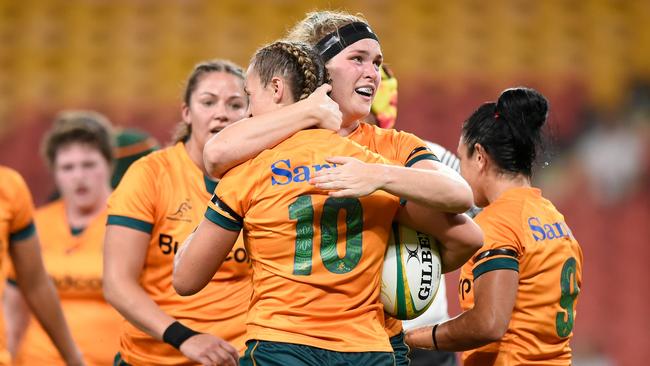 Leaney of the Wallaroos celebrates with Arabella McKenzie during the test match between Australia and Fijiana.