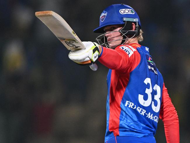 Delhi Capitals' Jake Fraser-McGurk celebrates after scoring a half-century (50 runs) during the Indian Premier League (IPL) Twenty20 cricket match between Delhi Capitals and Rajasthan Royals at the Arun Jaitley Stadium in New Delhi on May 7, 2024. (Photo by Arun SANKAR / AFP) / -- IMAGE RESTRICTED TO EDITORIAL USE - STRICTLY NO COMMERCIAL USE --