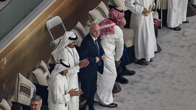 FIFA President Gianni Infantino, centre, Saudi Arabia's Crown Prince Mohammed bin Salman al-Saud, right, and Qatar's Emir Sheikh Tamim bin Hamad al-Thani, third left, at the Qatar- Ecuador match. Picture: AFP