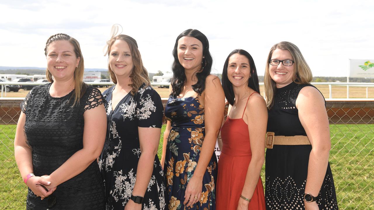 Melinda Lavender, Melanie Rose, Stacey Kajewski, Rochelle Attrill and Kirsty Jackwitz at the Lockyer Valley Turf Clubs Tradies Race Day, Saturday, September 5, 2002. PHOTO: ALI KUCHEL