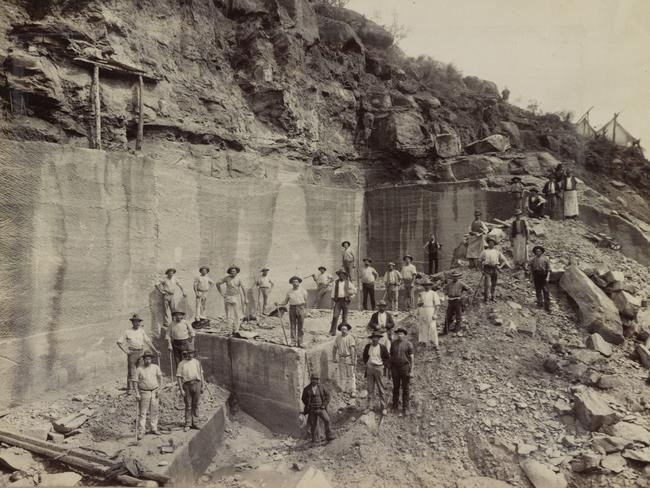 The start of the quarry- hand cutting the stone for the bridge piers in 1887. Source: Dangar Island Historical Society.