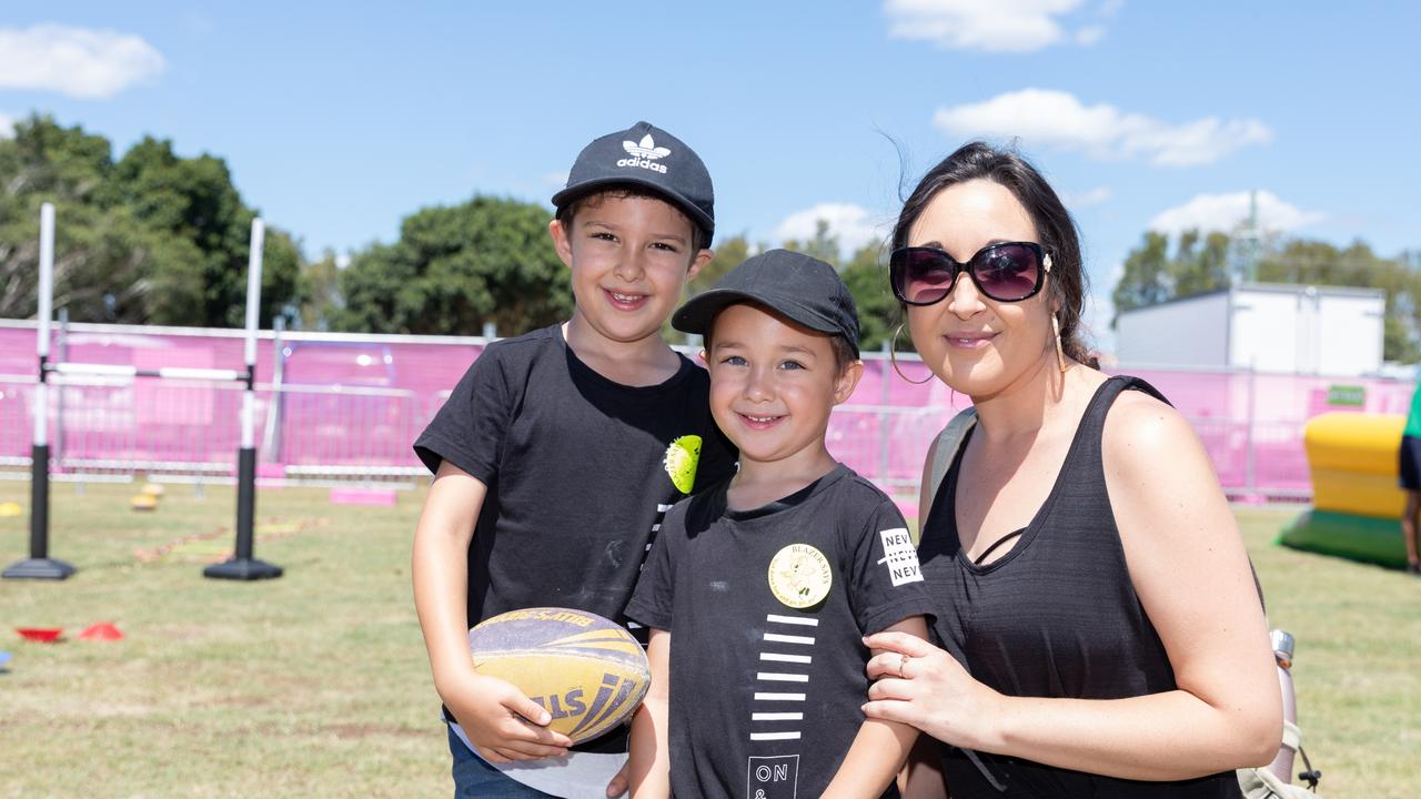 Moreton Kids Festival at Pine Rivers Park. Marco and Hugo Fichera with Leticia Smith, of Brendale. Picture: Dominika Lis.