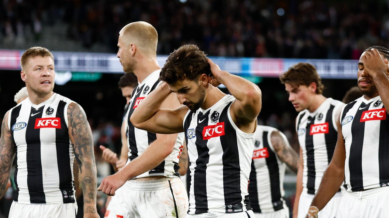 Josh Daicos of the Magpies looks dejected after the loss. (Photo by Michael Willson/AFL Photos via Getty Images)