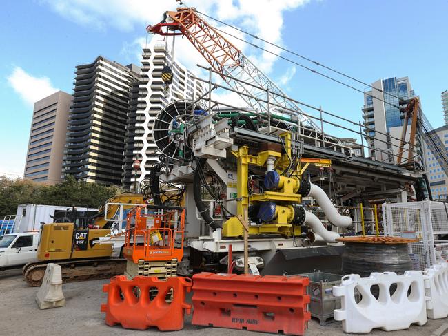 Melbourne's Metro tunnel will reach another massive milestone with digging on the next section of the tunnel beginning deep under Domain. Tunnel boring machines at the bottom of the Anzac Station site have been assembled ready to begin tunnelling. Picture : Ian Currie