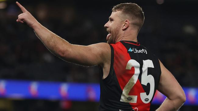 MELBOURNE - July 9 : AFL.  Jake Stringer of the Bombers after kicking a goal from the pocket 4th qtr during the round 17 AFL match between Essendon and Adelaide at Marvel Stadium  on July 8, 2023.  Photo by Michael Klein.