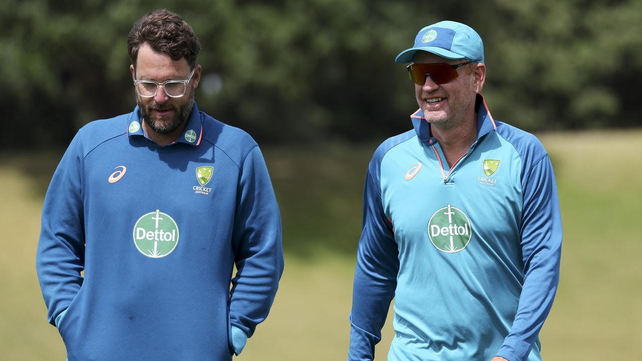 McDonald (right) is eager to keep his team of assistant coaches, including former New Zealand captain Dan Vettori (left), together for the next three years. Picture: Hagen Hopkins / Getty Images