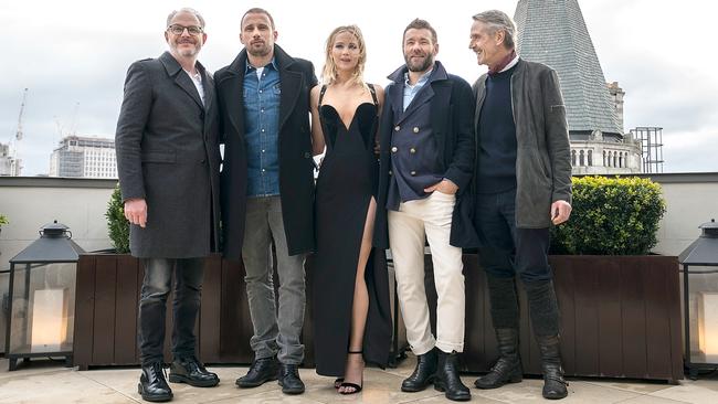 Francis Lawrence, Matthias Schoenaerts, Jennifer Lawrence, Joel Edgerton and Jeremy Irons during the Red Sparrow photo call.