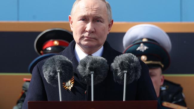 Putin speaking at last year’s Victory Day parade. Picture: Mikhail Klimentyev/AFP