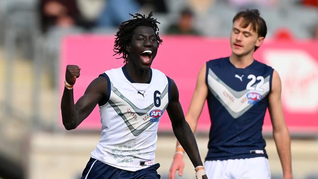 Luamon Lual celebrates a goal for Vic Country. Picture: Getty Images