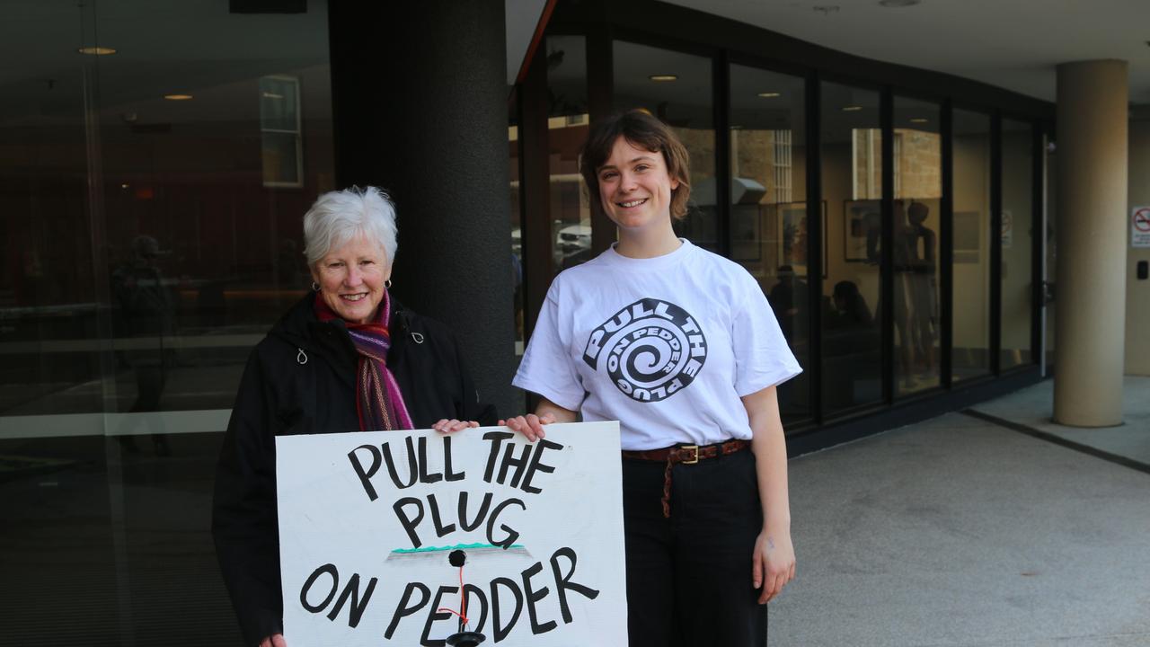 Former Greens leader Christine Milne and Restore Pedder campaign coordinator Maddie McShane outside the executive building on 16 September 2024. Picture: Elise Kaine